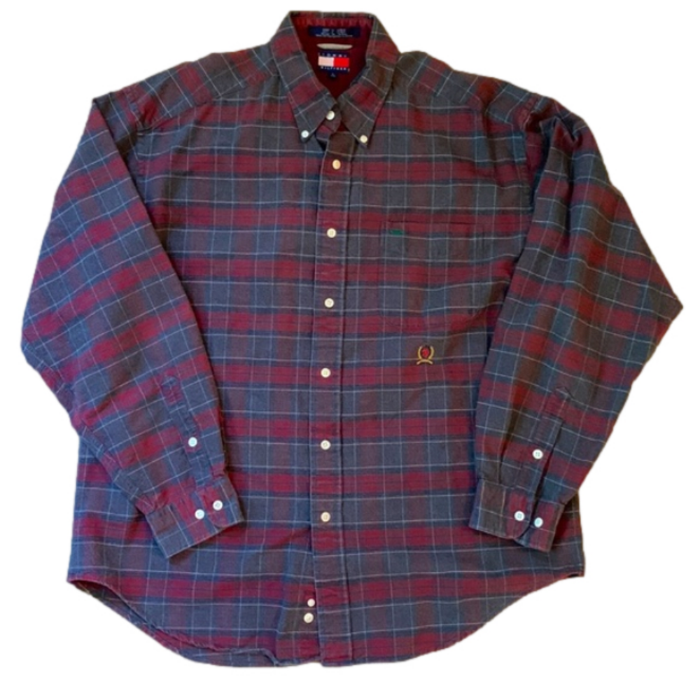 Tommy Hilfiger Gray Plaid Button Down Collar Button Up Shirt Men Large EUC VTG